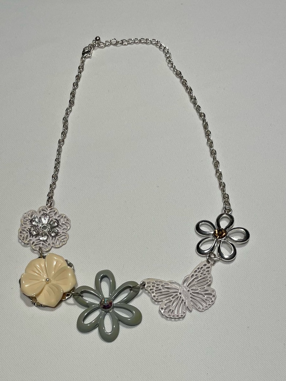 asymmetrical floral butterfly charm necklace Y2K Fairycore Whimsical silver tone